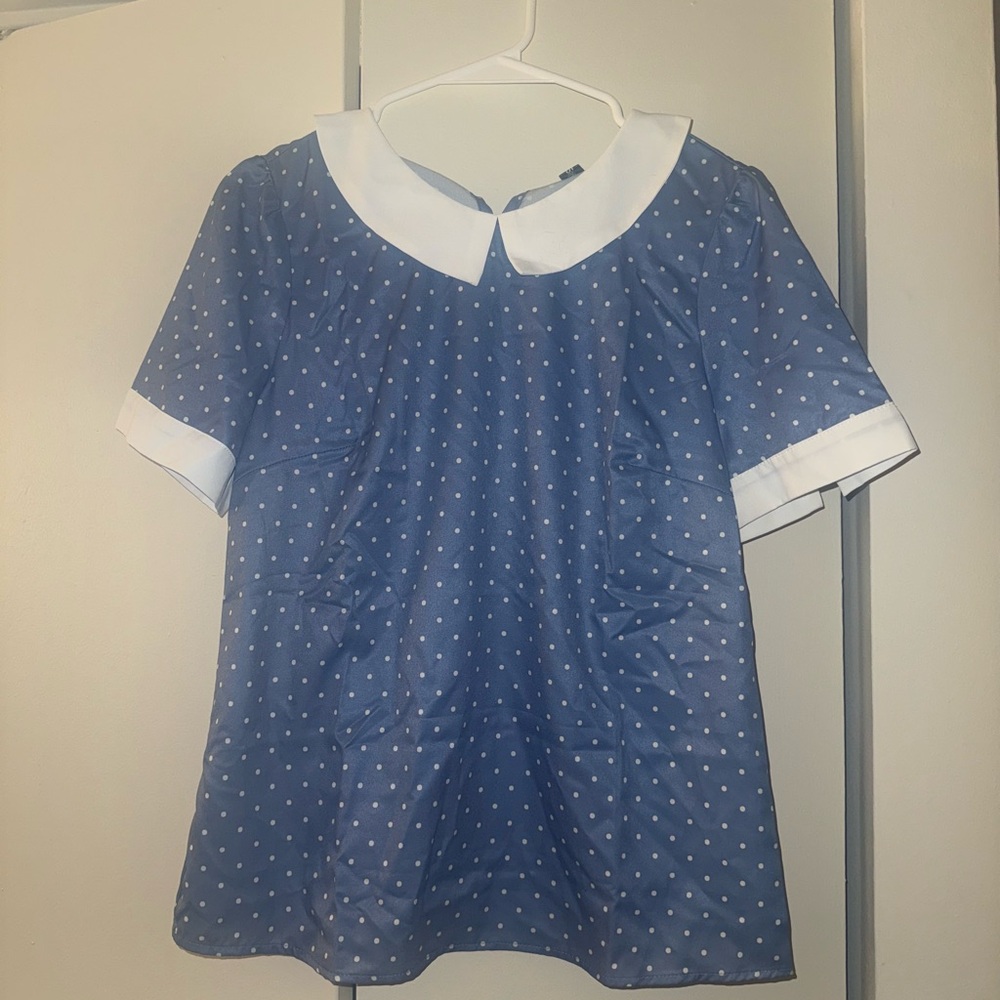 Allegra K Blue Polka Dot Short Sleeve Top